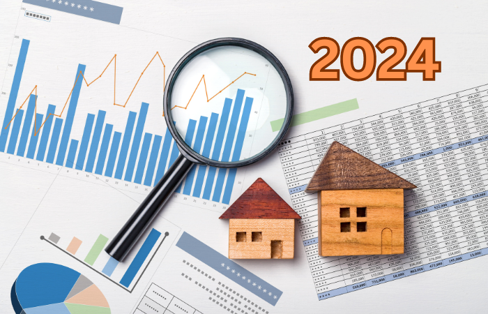 2024 real estate market analysis with graphs, magnifying glass, and houses.